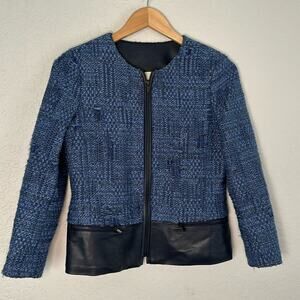 Blue Black Tweed Leather Moto Jacket Blazer Full Zip $395 Mobwife Office Preppy